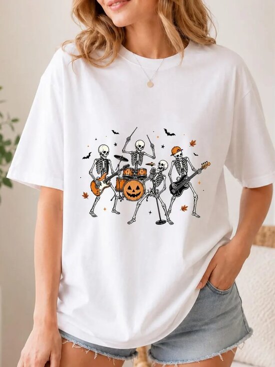 George P Other - Skeleton Rock Band Halloween Shirt, Vintage Pumpkin Drum Skeleton Musician Tee